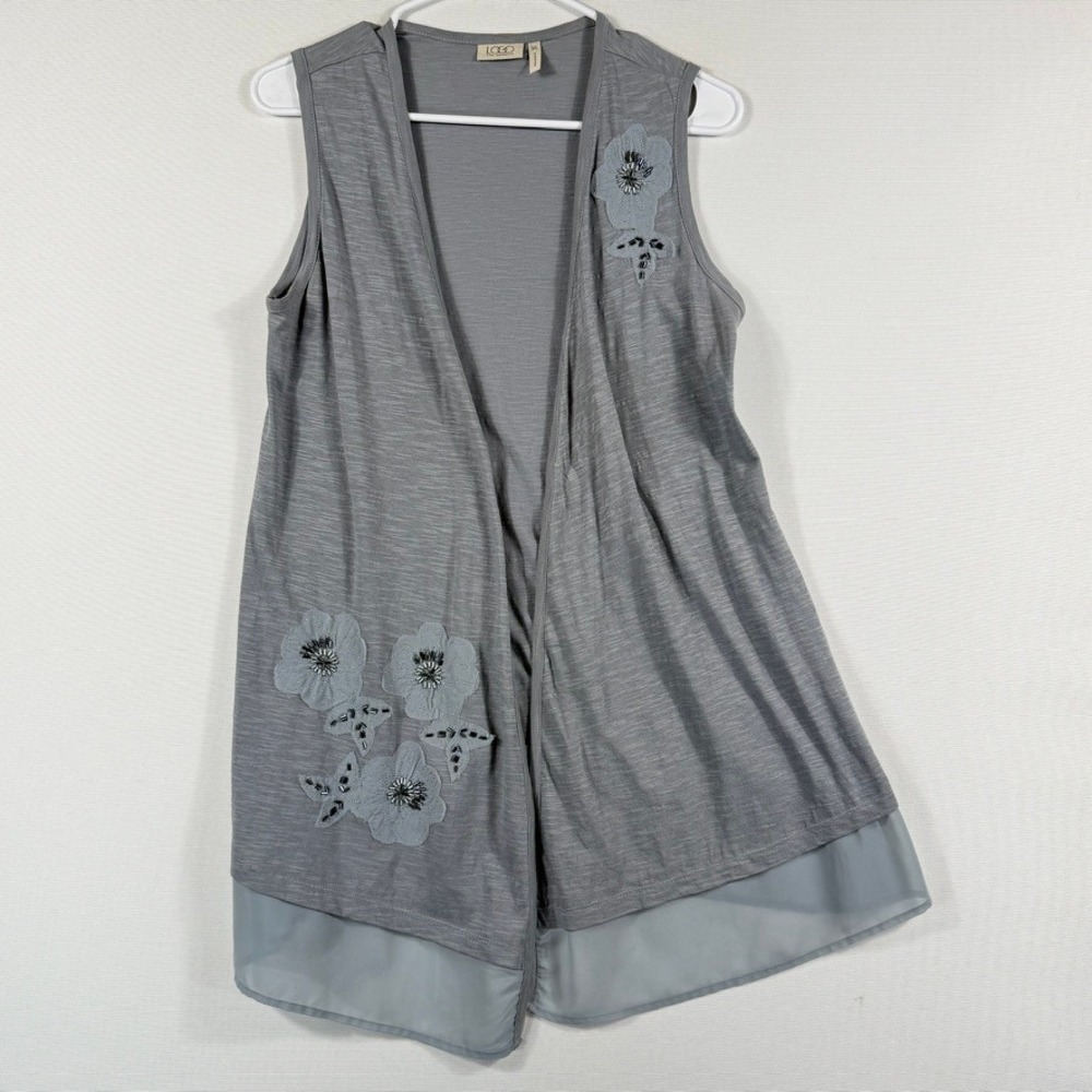 LOGO Lori Goldstein Vest Womens XS Gray Floral Beaded Boho Lagenlook Layering